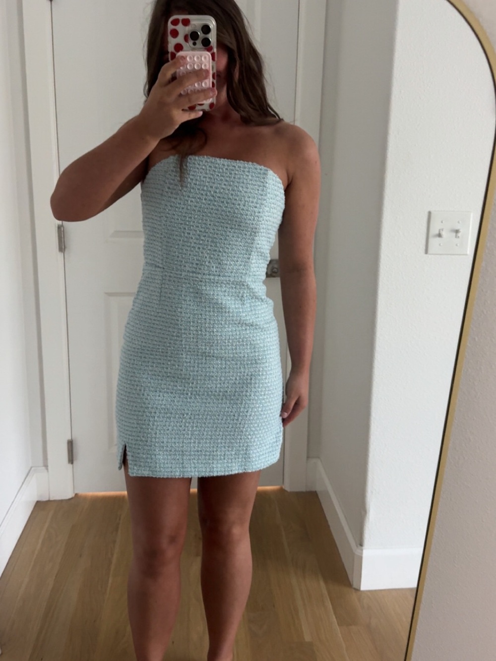 Amazon Strapless Mint Blue Textured Mini Dress